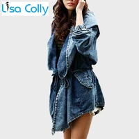 lisa colly autumn winter women jean coat long sleeves hooded warm jeans coat outwear wide blue denim jacket