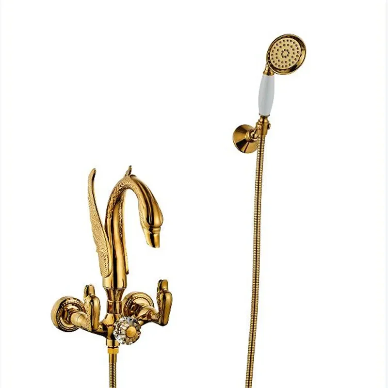 Набор золотых смесителей для ванны и душа настенный кран с золотым лебедем