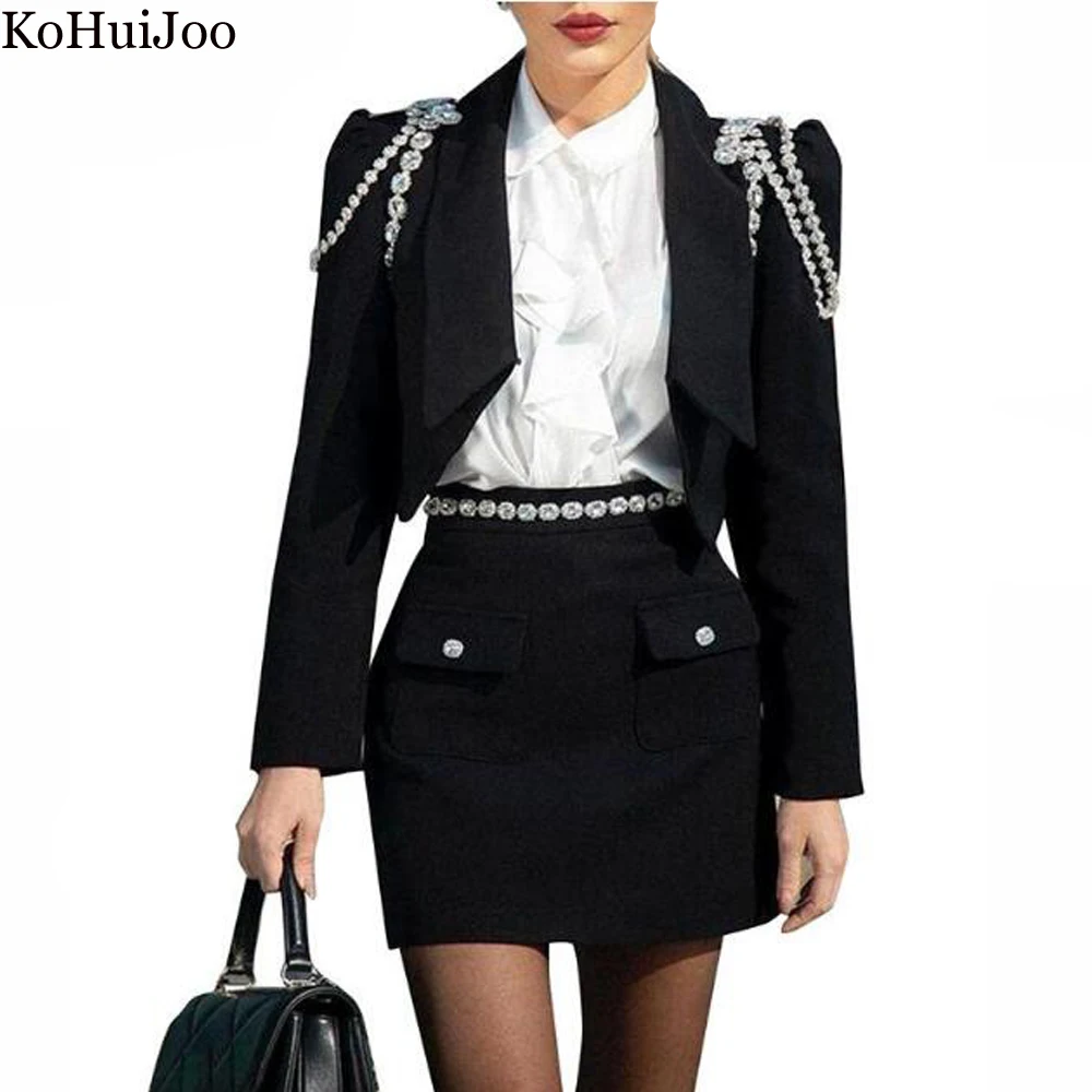 Kohuijoo Fashion Two Piece Skirt Women Autumn New High Street Long Sleeve Diamond Long Sleeve Blazer Jacket High Waist Coat