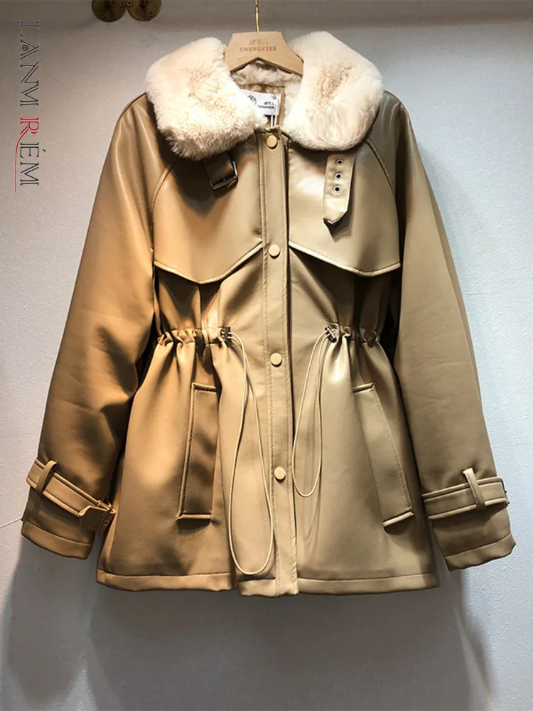 LANMREM 2023 Winter Korean Style Velvet Thick Warm Fur Leather Patchwork Drawstring Coats Women Luxury Clothing 2R6202