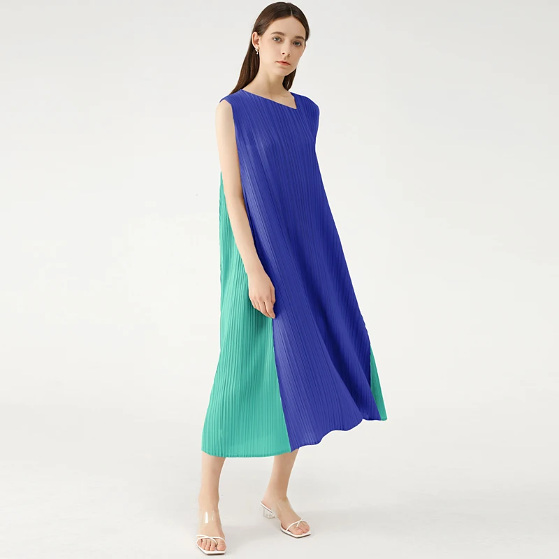 

Miyake Pleated Patchwork Dress Summer 2022 Korean Fashion Irregular Collar Causal Loosev