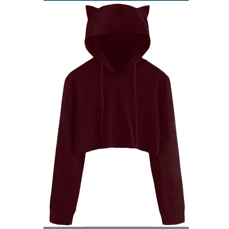 

Women Sport Hoodies With Lovely Cats Ears Solid Teddy Cropped Hoodie Skateboard Pullovers Autumn Women Campus Casual Sweatshirts