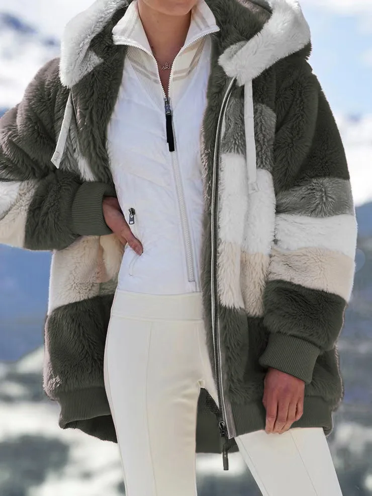 Women's Winter Plus Size Long Teddy Jacket Warm Thick Wool Faux Fur Coat New Loose Plush Patch Continuous Hood Cardigan Women