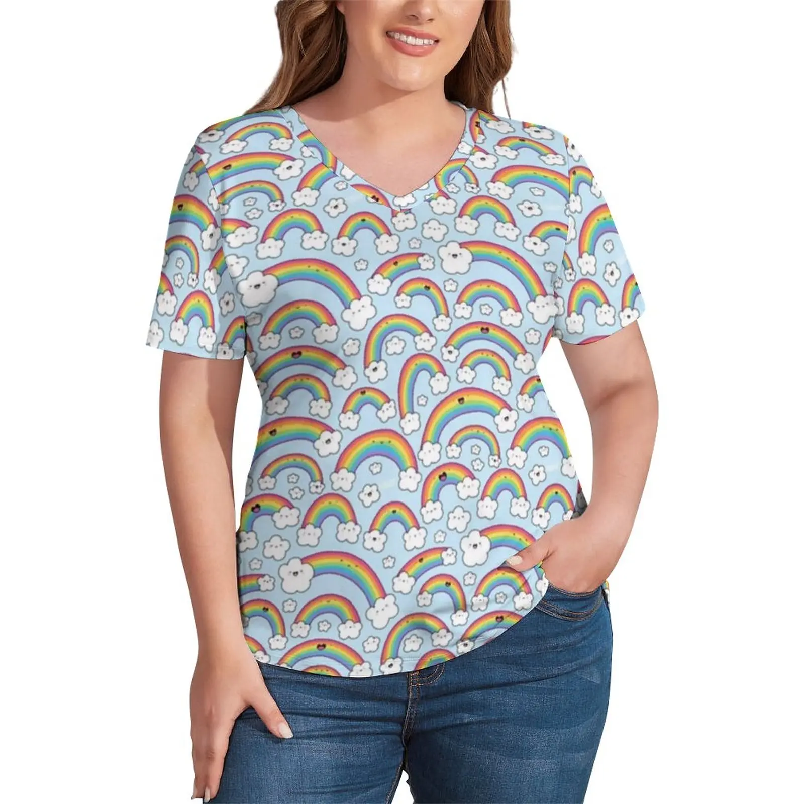 

Rainbow Tshirt Clouds Kawaii Oversized Woman T Shirt Summer V Neck Graphic T-Shirt
