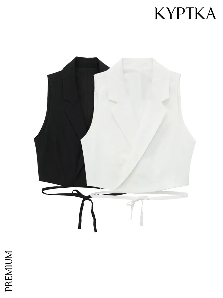

KYPTKA Women Fashion With Tied Linen Waistcoat Vintage Lapel Collar Sleeveless Female Outerwear Chic Vest Tops