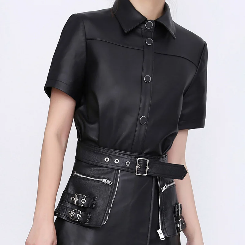 2022 Leather Vest Jacket Lady Short Sleeve Real Sheepskin Shirt Blazer Belt Single-Breasted Motorcycle Jacket Solid Gilet TF3917