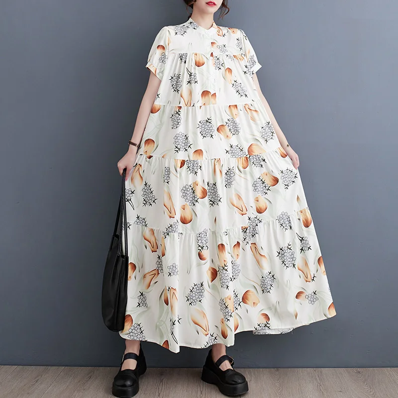 

Floral Prairie Chic Travel Style Casual Dress Women Fashion Lantern Sleeve Flower Cascading Ruffles Loose Long Party Maxi Dress