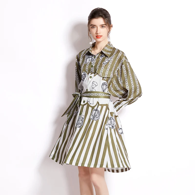 

Женское платье-рубашка в полоску, повседневное дизайнерское платье контрастных цветов с длинным рукавом и принтом сумок на цепочке, осень
