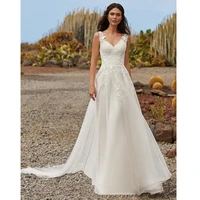 bohemian simple a line wedding dresses v neck sleeveless lace applique sweep train for women gowns vestidos elegantes para mujer