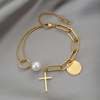 stainless steel layered gold color pendant bracelet for women retro punk gothic portrait coin cross pearl bracelet jewelry