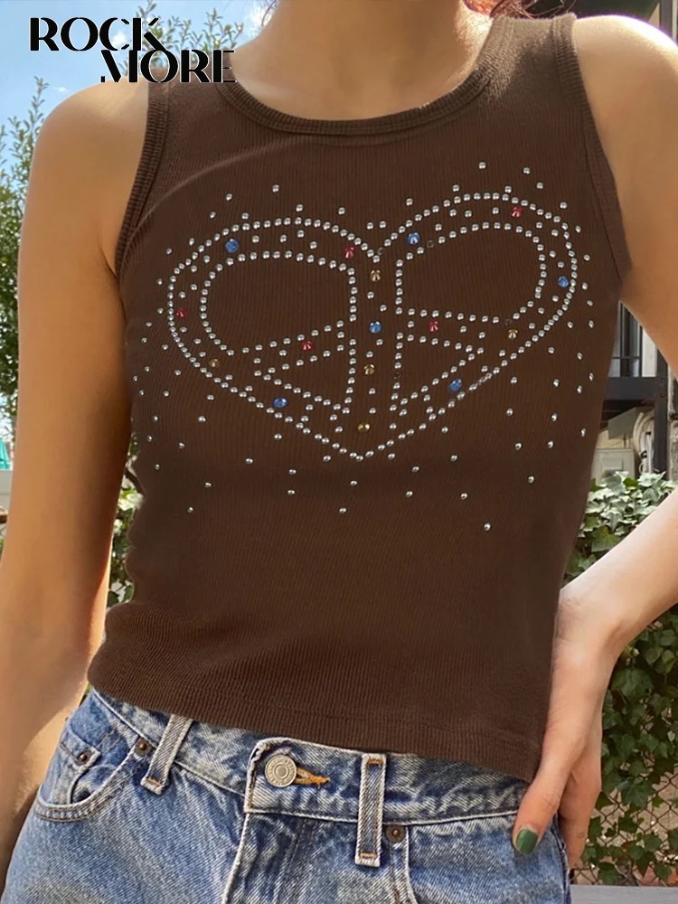 

Rockmore Rhinestone Print Crop Top Women Casual Knitted Tank Top Tee Sleeveless Sweats Mini Vest y2k Retro Grunge Fairycore