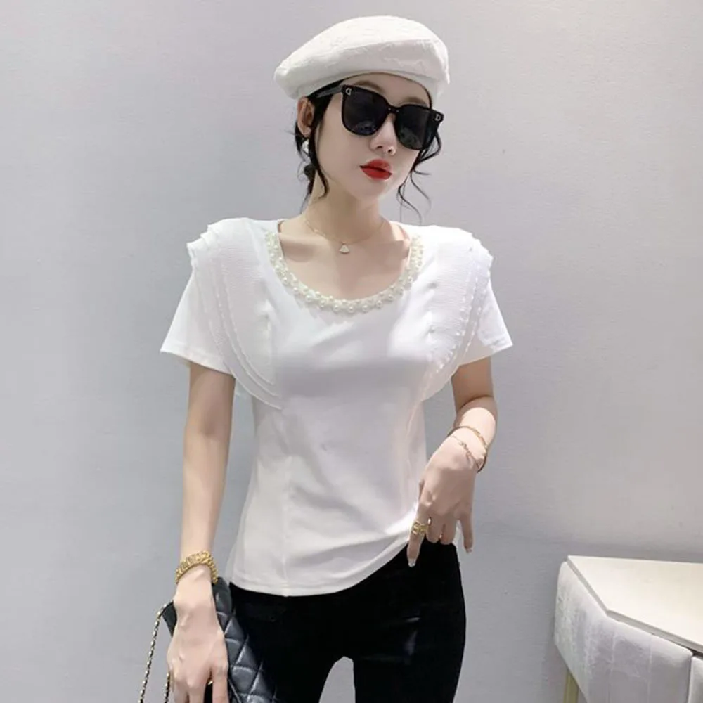 Женская летняя футболка с оборками и круглым вырезом жемчугом