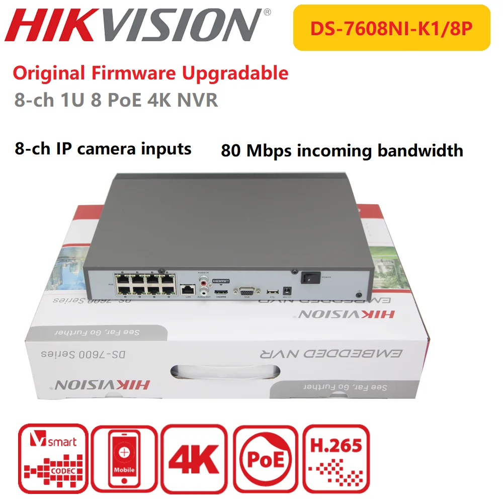 

Hikvision NVR 4K DS-7608NI-K1/8P 8-ch PoE1U 8 Surveillance Network Video Recorder 8MP Plug&Play Up to 8-ch@1080p Capacity