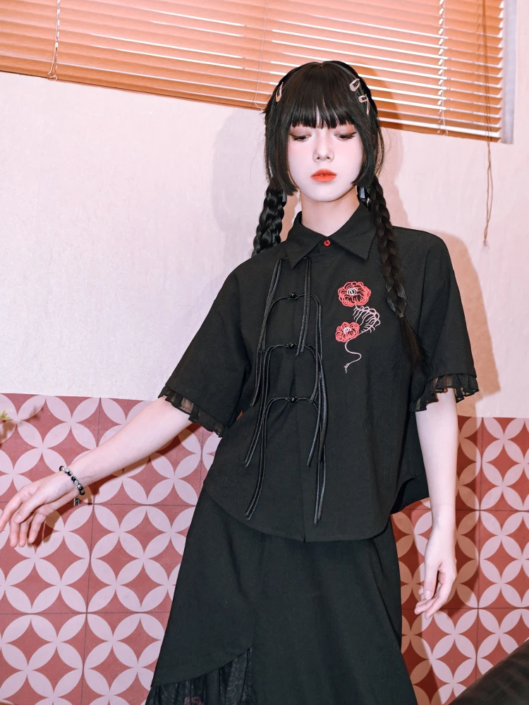 Темно-черный китайский костюм с кисточками женская шифоновая рубашка вышивкой в