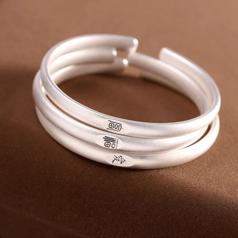 

999 Sterling Silver Tibetan Six Words Mantra Bangle for Men and Women Buddhist Heart Sutra Cuff Bracelet Good Luck Jewelry