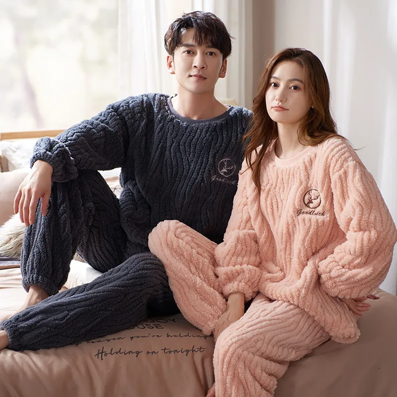 Korean Fashion Men's Flannel Sleepwear Winter Warm Women's Nightwear Coral Fleece Pjs Home Clothes Male Female Pajamas Drop ship