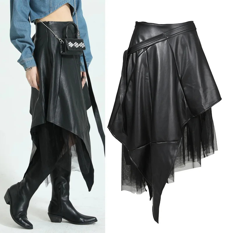 

Модная ретро сетчатая кожаная юбка в стиле пэчворк Осенняя новая готическая юбка неправильной длины с высокой талией для женщин