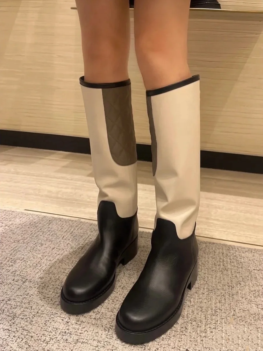 New Plaid Colorblock Knight Boots Women's All-Match Long Boots Round Toe Fashion Boots