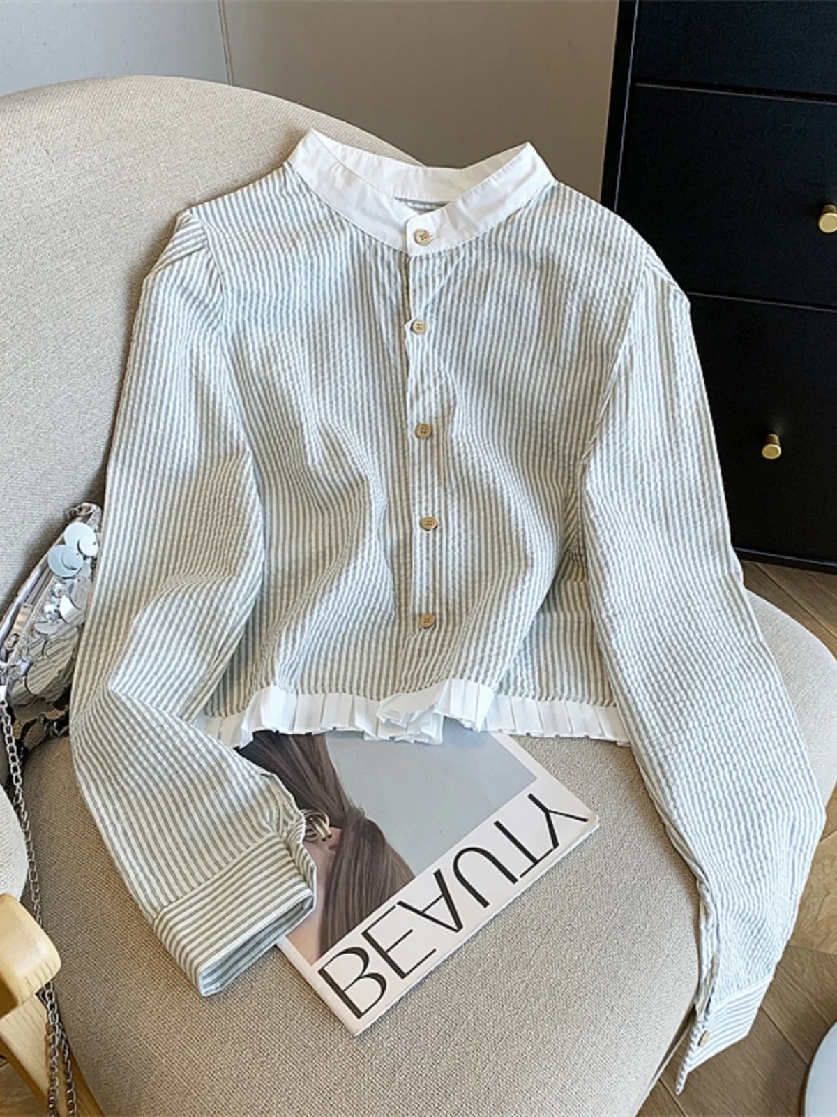 Counter Withdrawal Big Brand Cut the Tag off Women clothes Korean Series Temperament Stripe Long sleeve Shirts Female Autumn ...