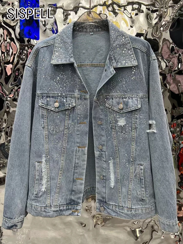 

SISPELL Patchwork Diamonds Denim Jackets For Women Lapel Long Sleeve Single Breasted Hole Hollow Out Coats Female Vintage Style