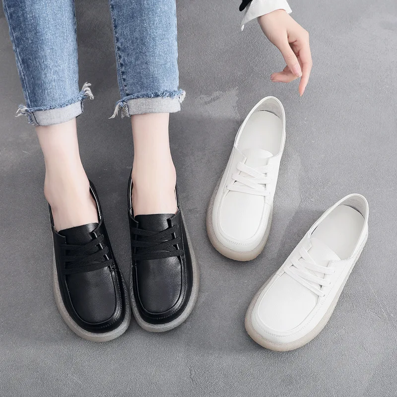 Little White Shoes Women's Flat Leather Spring 2023 New Nurse Shoes British Style Handmade Mom Shoes Large Size Single Shoes