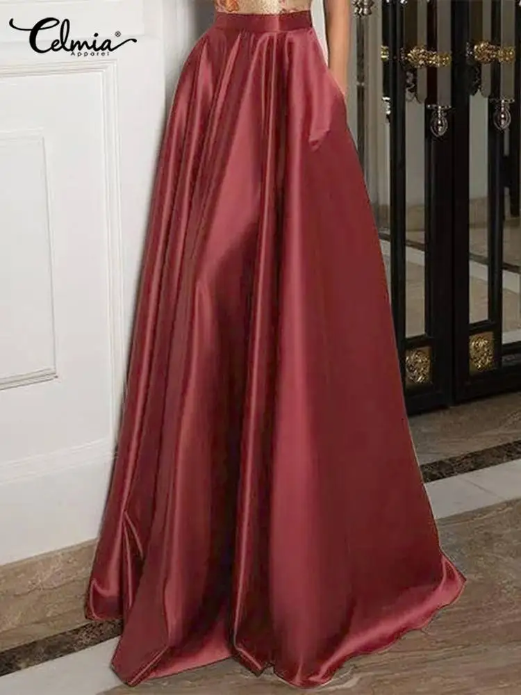 

Celmia 2022 Summer Casual Faldas Party A Line Pleated Elegant Jupes Satin Silk High Waist Women Maxi Skirts Umbrella Long Skirt