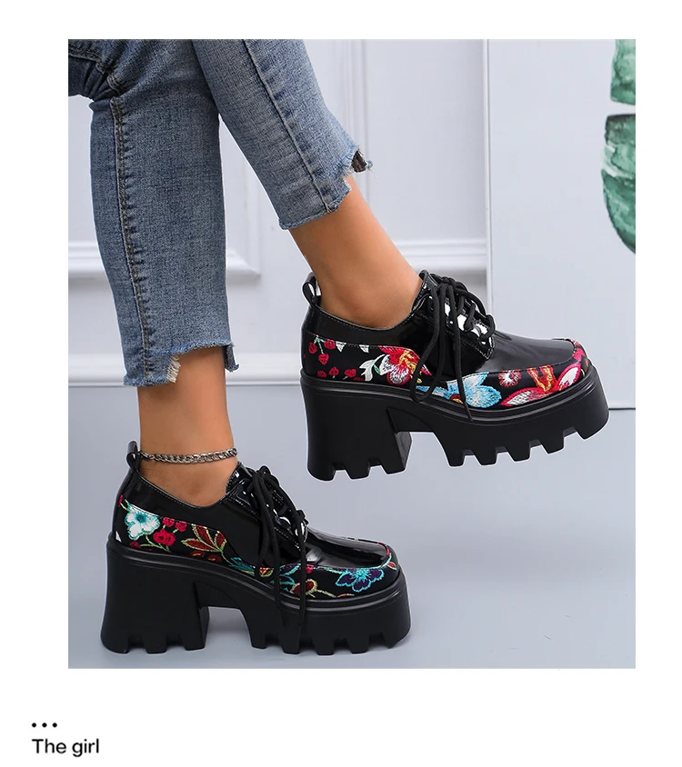 

Lolita Spring and Autumn Printing Women's Shoes Waterproof Platform Thick Bottom Lace Up Fashion Women's Shoes Zapatos De Mujer