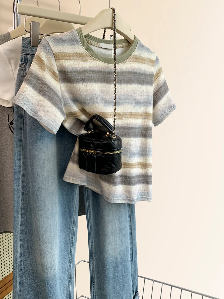 Женская футболка в полоску с коротким рукавом и поясом на плечах летний топ 2024