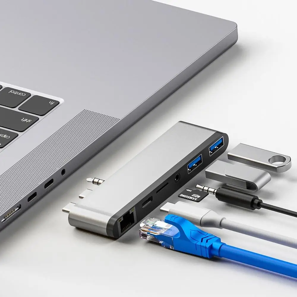 Dual USB C Hub Type-c Docking Station USB 3.0 SD Reader 3.5mm AUX Port RJ45 Ethernet for NEW MacBook Pro 2021 14/16 inch