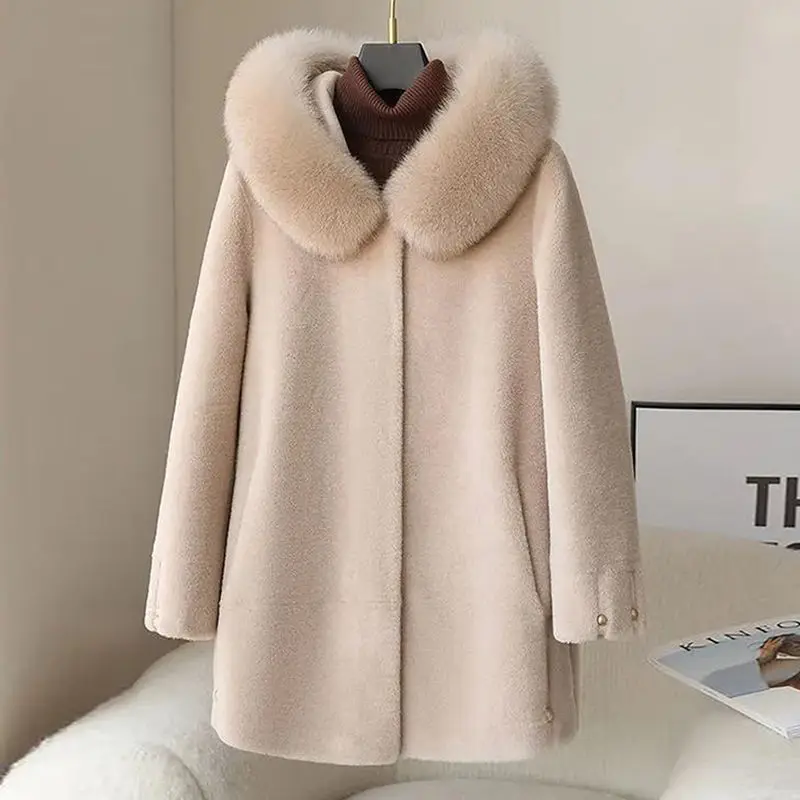 Women's Sheep Shearling Coats for Women 2023 Winter Clothing Hooded Solid Real Fur Coat Female Wool Jackets Casaco Feminino E618