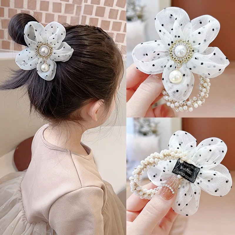

2023 New Korean Sweet Pearl Flower Scrunchies Children Girls Elastic Hair Rubber Bands Accessories Tie Hair Ring Rope Headdress