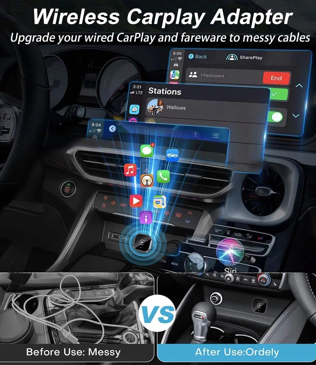 Фото Адаптер 2-в-1 для беспроводного CarPlay и Android Auto, ультракомпактный донгл, преобразующий проводное подключение в беспроводное, с поддержкой WiFi 6 и Bluetooth 5.4 №4