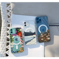 take back the flower scenery phone case for iphone 13 12 11 mini pro max transparent super magnetic magsafe cover
