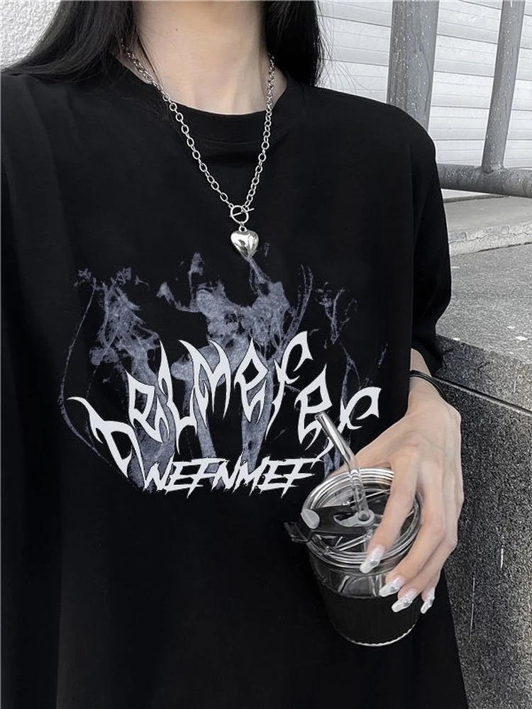 

QWEEK Harajuku Graphic T Shirts Women Gothic Streetweawr Korean Fashion Letter Print Tshirt Tees White Tops 2022 Summer Kpop Emo