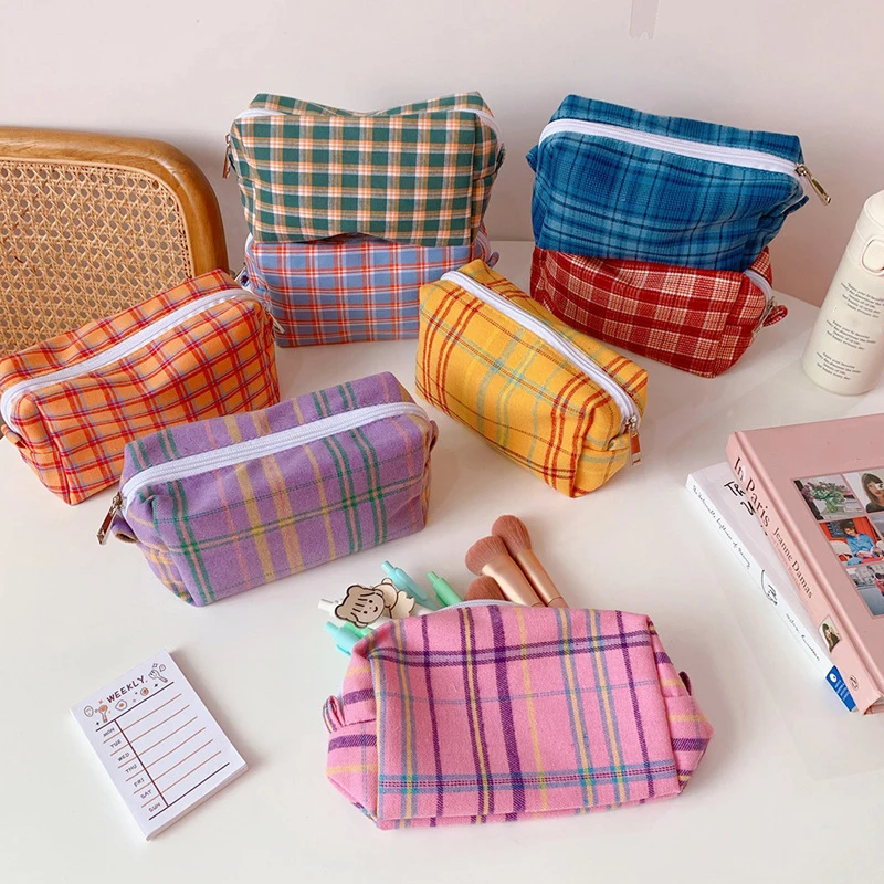 

Сумки для макияжа, дорожный Органайзер, чехлы для макияжа, Модная хлопковая косметичка для макияжа, клетчатая несессер на молнии