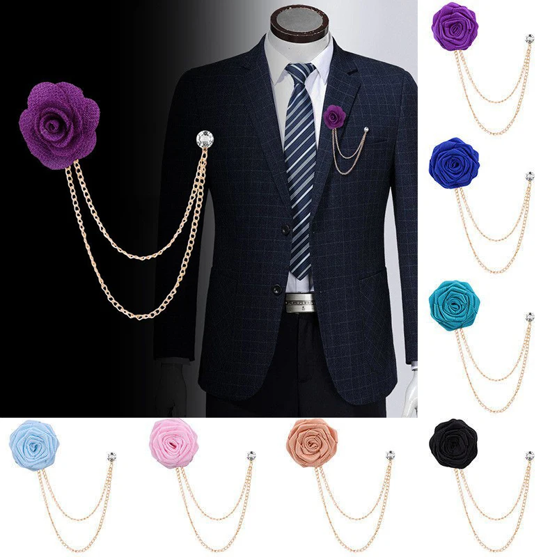 

Corsage ROSE PIN Men LAPEL Suit Floral Brooch Fabric Flower Wedding Tassel Chain