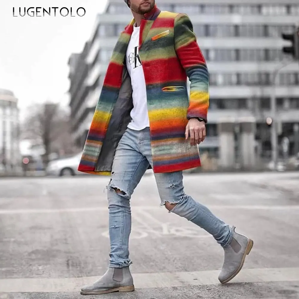 

Men Trench Coat Rainbow Stripes Slim Single Breasted Turn-down Collar Long Sleeve Fall New Fashion Mens Coat Lugentolo