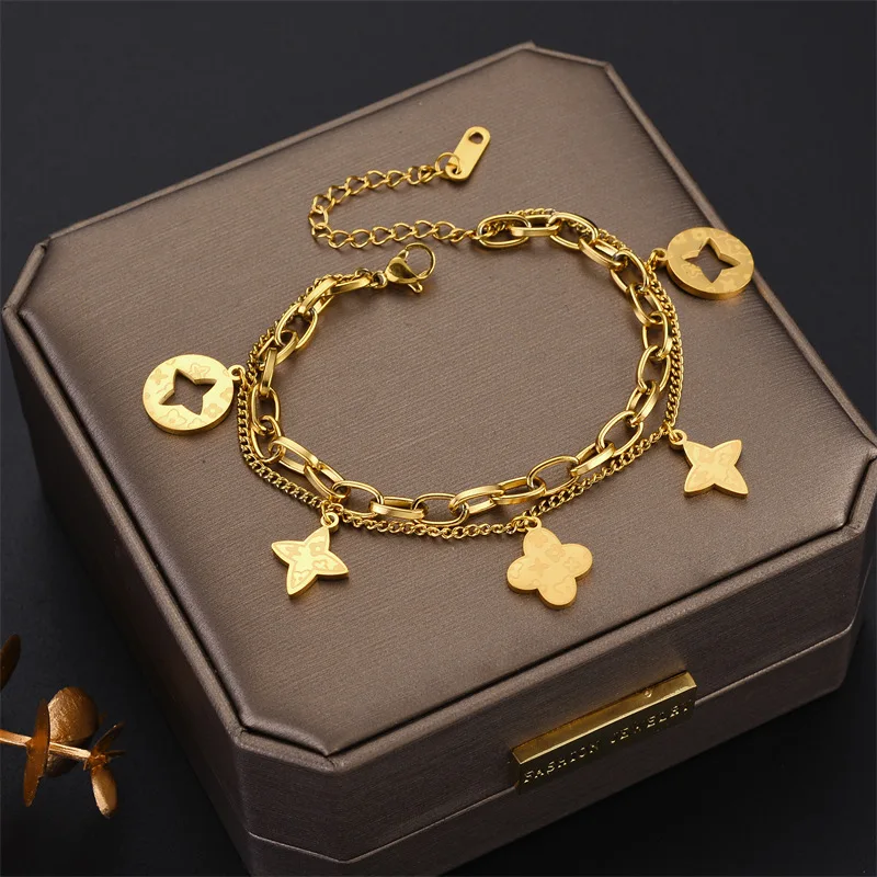 

Bracelet For Women Stainless Steel Jewelry Fashion Korean Personalized Golden Flowers Do Not Fade Double Decker Jewelry For Wome