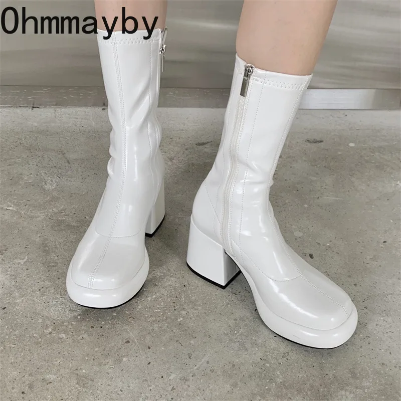 

2022 Autumn Winter Heel Women Ankle Boots Fashion Round Toe Ladies Casual Platform Boots Patent leather Short Boot Shoes