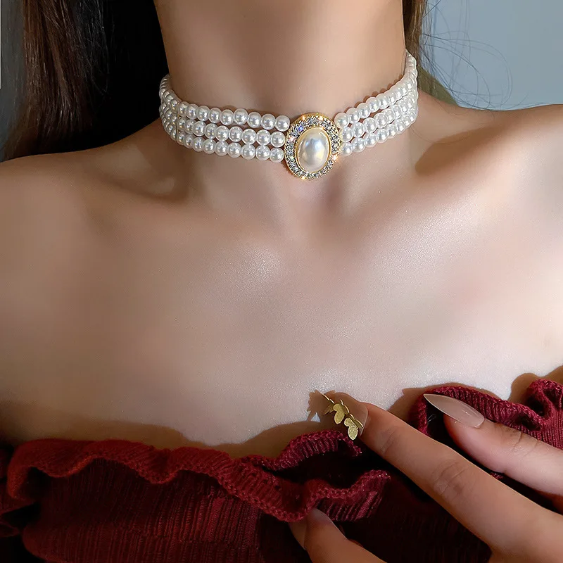 Многослойное жемчужное ожерелье с бриллиантами ожерелье на шею дизайнерская цепочка Стразы короткое ожерелье корейское темпераментное ож...
