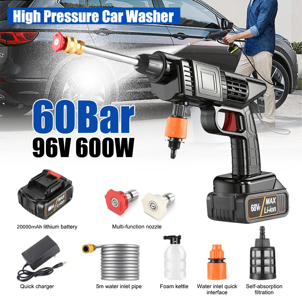 Car Wireless Washers 96V Portable Cordless High Pressure Washer 20000mAh 24000rpm 600W Cleaner Gun for Car Washing Garden
