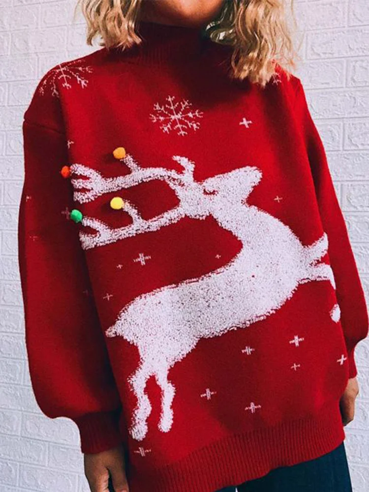

Autumn And Winter Christmas Elk Print Pullover Women's Long Sleeve Loose High Neck Sweater Pullover Women's
