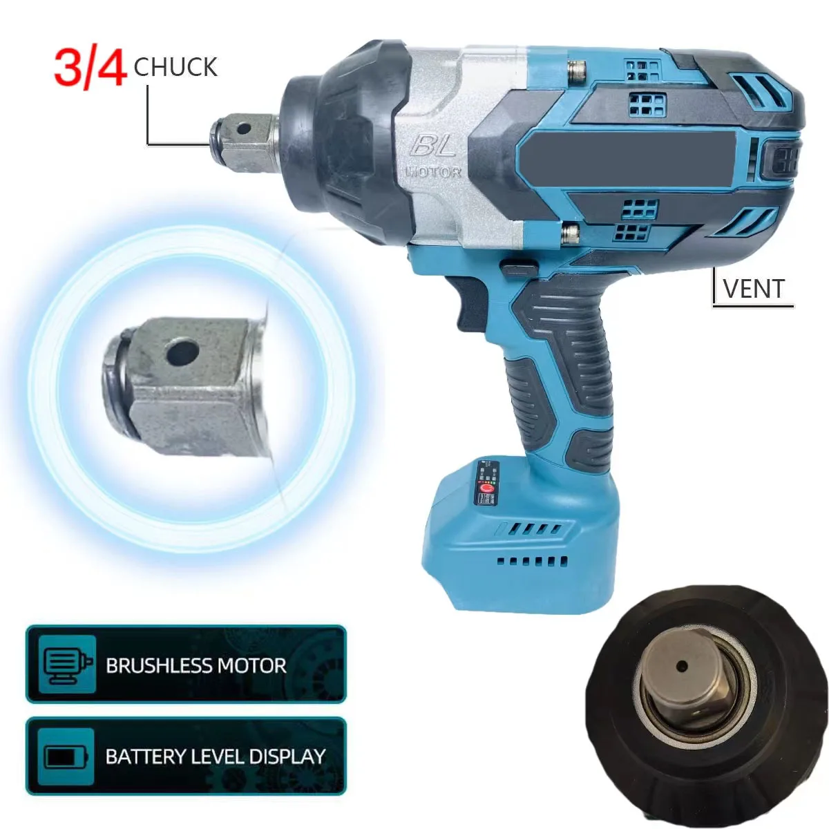 

Keuhz Brushless Electric Impact Wrench 2000N.M 3/4 inch Socket Power Tools 588Vf Li Battery +LED Adapt to Makita 18V Battery