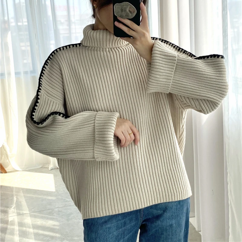 

Women's Color Contrast Trim High Neck Sweater Autumn and Winter Women's Temperament Commuting Long Sleeve Pullover