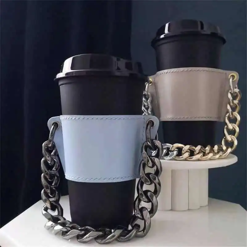 

1PC PU Leather Water Bottle Cover Hand-Held Holder Coffee Cup Outer Packaging Chain Portable Bag Detachable (Without Water Cup)