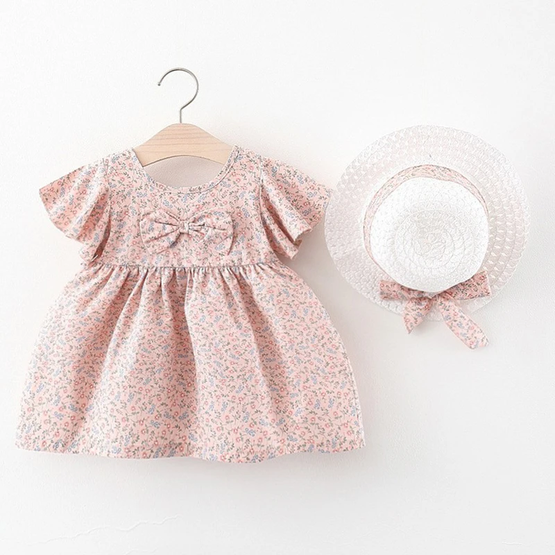 

Summer Children Clothing Infant Baby Girls Princess Dress+Hat Short Sleeve Cotton Flower Printing Toddler Birthday Party Dress