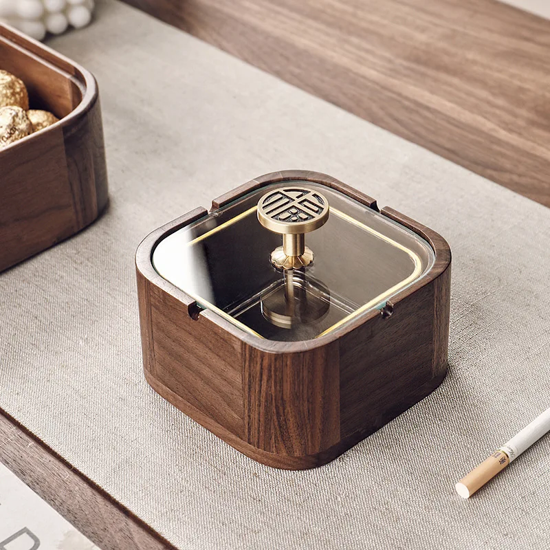 

Walnut Solid Wood Ashtray Household Living Room with Lid Prevent Fly Ash Creative Office Glass Gray Jar