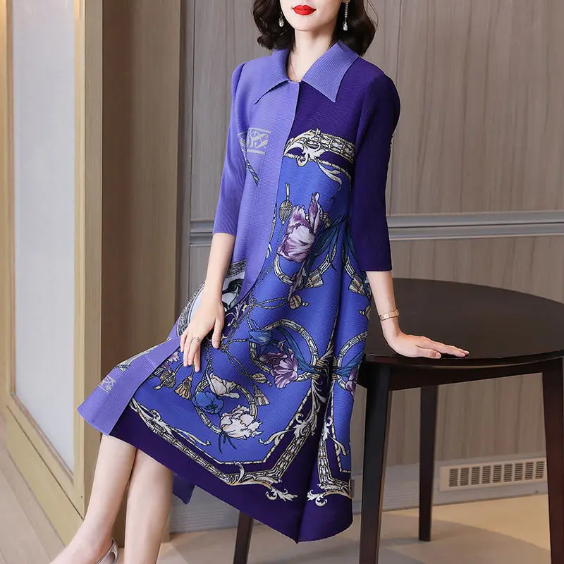 

Pleated long skirt polo-loose dress large size slim female 2022 new summer print seven-point sleeve turn down collar dress
