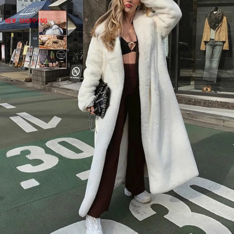 2022 Winter White Teddy Coats Faux Fur Jacket Elegant Long Shaggy Trench Women Furry Jackets Fluffy Artificial Fur Coat Homewear