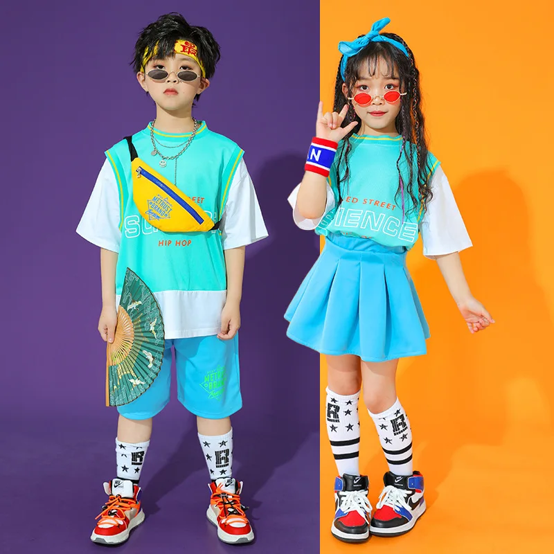 

Kids Hip Hop Clothing BlueOversized T Shirt Top Streetwear Summer Cargo Shorts Skirt for Girls Boys Jazz Dance Costume Clothes